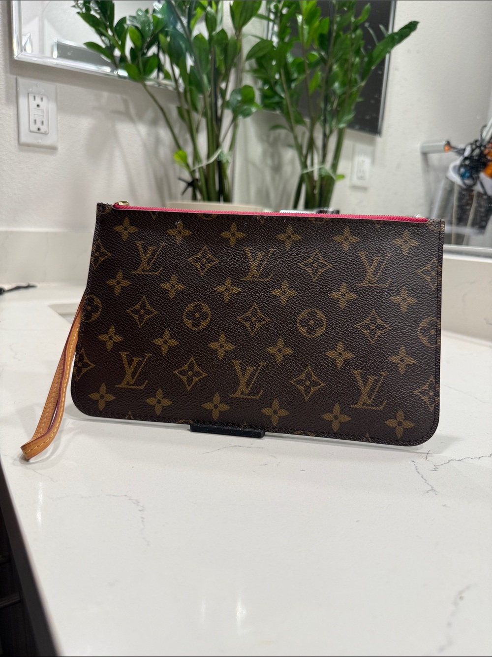 Louis Vuitton Brown Monogram Wristlet with Pink Zip Trim